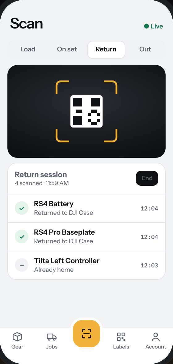 Scan screen in Return mode: the camera viewfinder and a session list of items just scanned home